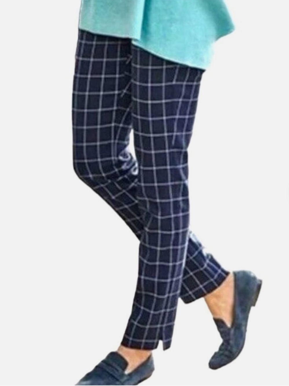 J. Jill Essential Cotton Stretch Navy Windowpane Pull On Pants Size 14 Tall